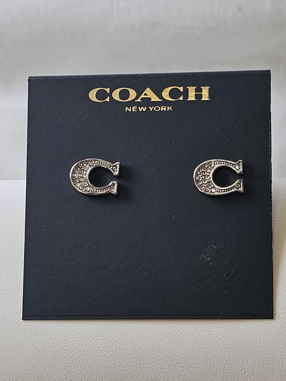 Coach Pavé C Stud Earrings Silver, New On Card